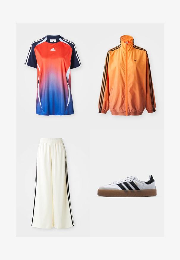 Chaqueta de chándal con degradado naranja, confeccionada en tejido suave, con acentos de rayas negras, cuello alto y puños elásticos, además de un cierre frontal de cremallera.; Camisa deportiva de manga corta de Adidas con un degradado que va del rojo al azul, con detalles en azul marino y rayas blancas a lo largo de los hombros.; Pantalones anchos blancos con cintura elástica y rayas verticales negras a lo largo de las costuras exteriores.; Zapatillas de cuero blancas con rayas negras, suela de goma, puntera redonda, cierre de cordones y caperuza de ante gris suave.