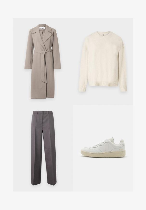 Trench-coat long ceinturé de couleur marron clair avec larges revers et manches longues, présenté sur un fond blanc.; Pull léger beige en tissu doux, avec un col rond, des manches longues et des poignets et un ourlet côtelés. Design simple et classique.; Pantalon tailleur gris en tissu texturé, avec une coupe droite, un devant plat et des passants de ceinture.; Baskets en cuir blanc avec une boîte à orteils perforée, semelle en caoutchouc beige contrastante et accents de logo sur le côté et le talon. Design minimaliste.