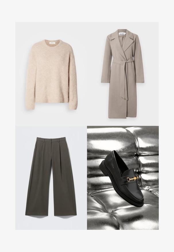 Trench-coat long ceinturé de couleur marron clair avec larges revers et manches longues, présenté sur un fond blanc.; Pull en maille beige avec col rond, manches longues et ourlet côtelé. Tissu doux et texturé avec une coupe décontractée.; Pantalon à jambes larges couleur olive foncé avec passants de ceinture, plis sur le devant, poches latérales et fermeture zippée.; Mocassin en cuir noir avec un détail en métal doré. La chaussure présente un design épuré et une texture lisse et brillante.