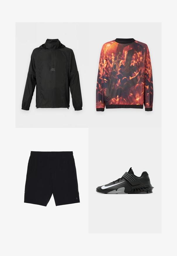 Schwarzer Pullover mit langen Ärmeln, halbem Reißverschluss vorne, elastischen Bündchen, Kordelzugsaum, Kapuze und kleinem Umbro-Logo auf der Brust.; Sweatshirt mit grafischem Druck einer verschwommenen Menge bei einem Konzert, mit erhobenen Händen und warmem orange-rotem Licht.; Schwarze Shorts aus leichtem Material mit einem elastischen Bund, zwei seitlichen Taschen und einem kleinen Logo auf der unteren rechten Seite.; Schwarze Sportschuhe mit einem eleganten Design, ausgestattet mit einem auffälligen weißen Nike-Logo, strukturierten Overlay und einer markanten, geformten Sohle.