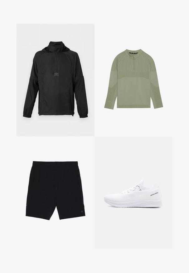 Sort langærmet pullover-jakke med halv lynlås foran, elastiske manchetter, snørelukning forneden, hætte og lille Umbro-logo på brystet.; Lysegrøn langærmet top med kvart-lynlås krave, som har ribbet struktur og stribede mønstre på ærmerne og kroppen.; Sorte shorts lavet af letvægtsstof, med elastisk talje, to sidelommer og et lille logo på nederste højre side.; Hvid strikket lavtop-sneaker med tekstureret sål, snørelukning foran og "JACK & JONES" logo på hælkantens side.