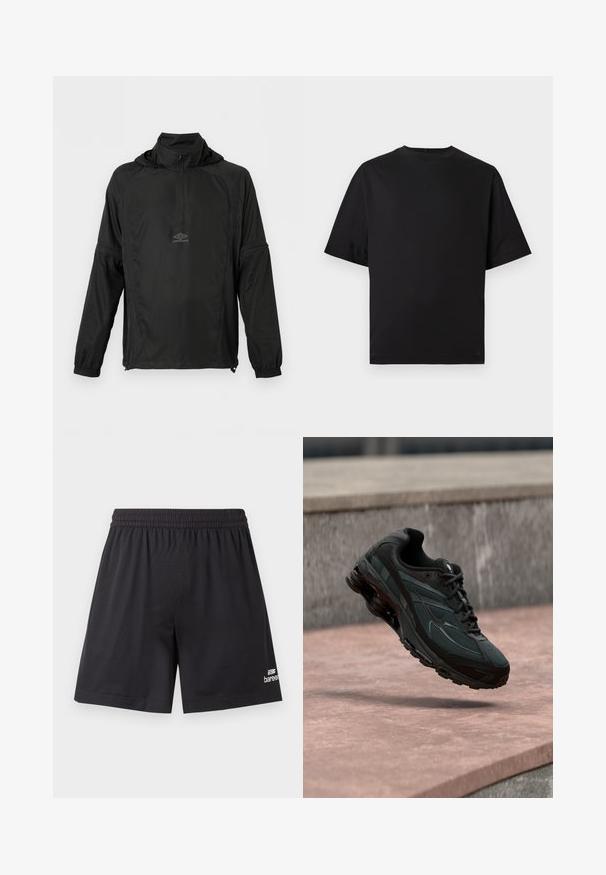 Veste à enfiler noire à manches longues avec demi-fermeture éclair à l'avant, poignets élastiques, cordon de serrage à l'ourlet, capuche et petit logo Umbro sur la poitrine.; T-shirt noir à manches courtes et col rond avec un petit logo discret sur la poitrine, présenté sur un fond clair uni.; Shorts de sport en mesh noir avec taille élastique et logo blanc de la marque "baree" près de l'ourlet bas sur la jambe droite.; Baskets athlétiques noires avec une semelle intercalaire à coussin d’air visible flottant au-dessus d’une surface en pierre rose avec un mur en pierre gris en arrière-plan.