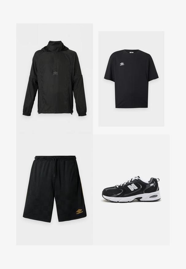 Mustast pikast varrukast pusajakist eespool poollukuga, elastsete mansettidega, nööriga ääres, kapuutsi ning väikese Umbro logoga rinnal.; Mustad lühikeste varrukatega ümara kaelusega T-särk väikese valge Umbro logoga vasakul rinnal, esitatud ühevärvilise heleda tausta ees.; Mustad mustrid spordihüpped, peene ruudulise mustriga, elastne vöökoht koos paelaga, kuldne Umbro logo alumisel säärel ja kuldsed küljeribad.; Must värvi ja hallid spordijalatsid, mille ülemine osa on valmistatud võrgust ja nahast, valge vaheosaga, paeltega ja küljel julge "N" logo.
