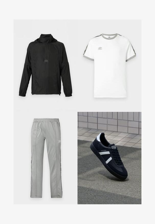 Veste à enfiler noire à manches longues avec demi-fermeture éclair à l'avant, poignets élastiques, cordon de serrage à l'ourlet, capuche et petit logo Umbro sur la poitrine.; T-shirt blanche à manches courtes avec col et poignets gris, bandes noires et grises sur les manches, et logo Umbro sur la poitrine.; Pantalons de sport Umbro gris clair avec taille élastique et bandes latérales noir et blanc, présentés sur un fond blanc.; Sneaker en cuir noir avec des rayures blanches, semelle en caoutchouc texturée et devant à lacets. Présente une étiquette de marque sur la languette.