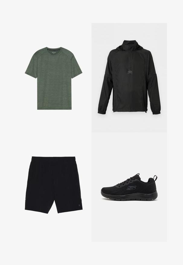 Zwarte pullover met lange mouwen, halve ritssluiting aan de voorkant, elastische manchetten, trekkoord onderaan, capuchon en klein Umbro-logo op de borst.; Groene t-shirt met korte mouwen, gemaakt van een gestructureerde stof. Heeft een ronde halslijn en iets verhoogde schoudernaden. Geen zichtbare patronen of accenten.; Zwarte shorts van lichtgewicht stof, met een elastische tailleband, twee zijzakken en een klein logo aan de onderzijde rechts.; Zwarte sportieve schoenen met een gestructureerde mesh bovenkant, vetersluiting, gevormde hiel en een lichtgewicht zool met het label "LITE-WEIGHT" aan de zijkant.