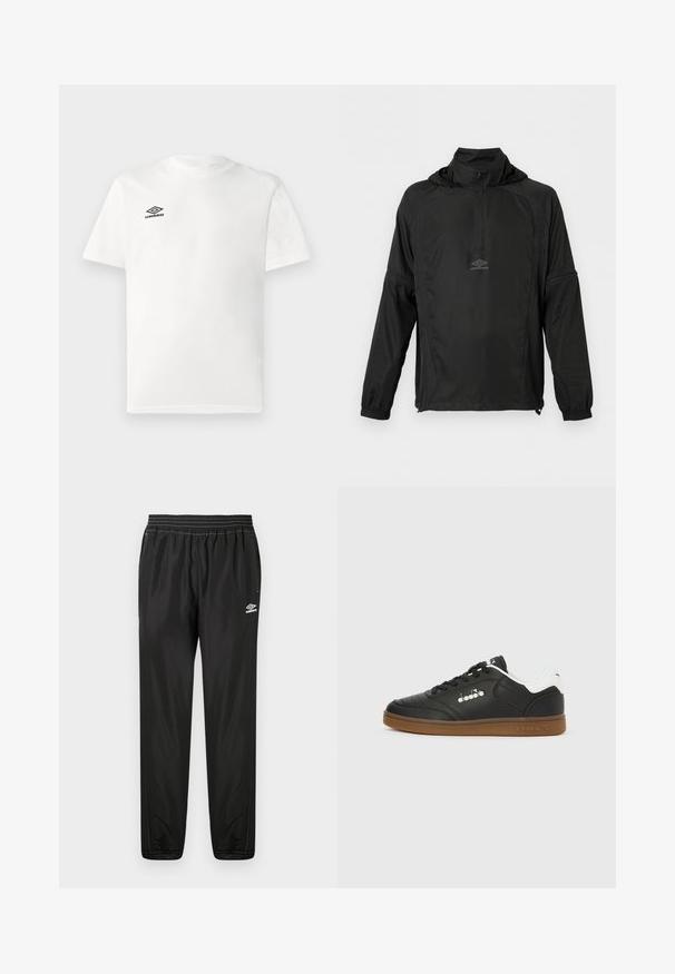Schwarzer Pullover mit langen Ärmeln, halbem Reißverschluss vorne, elastischen Bündchen, Kordelzugsaum, Kapuze und kleinem Umbro-Logo auf der Brust.; Weißes T-Shirt mit kurzen Ärmeln und schwarzem Umbro-Logo auf der linken Brust, Rundhalsausschnitt, schlichtes Design, auf hellem Hintergrund präsentiert.; Schwarze Umbro Trainingshose mit elastischem Bund, seitlichen Taschen, schmal zulaufenden Beinen und Logo auf dem rechten Oberschenkel vor einem weißen Hintergrund.; Schwarzer Ledersneaker mit weißem Fersenlasche, Gummisohle, schwarzen Schnürsenkeln und silbernem Diadora-Logo an der Seite und Sohle.
