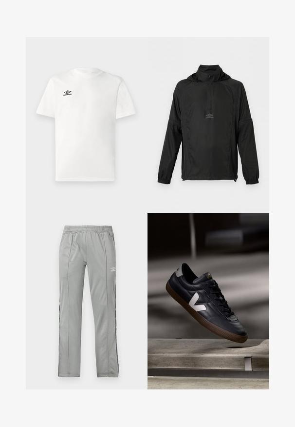 Čierna mikina s dlhým rukávom so zapínaním na polovicu zipsu vpredu, elastickými manžetami, šnúrkou na spodnom leme, kapucňou a malým logom Umbro na hrudi.; Biele tričko s krátkym rukávom a čiernym logom Umbro na ľavej hrudi, s okrúhlym výstrihom, jednoduchý dizajn, zobrazené na svetlom pozadí.; Svetlošedé športové nohavice Umbro s elastickým pásom a čierno-bielymi bočnými pruhmi, vystavené na bielom pozadí.; Čierne kožené tenisky s bielym logom V, šnurovanie vpredu, perforované detaily a hnedá gumová podošva; štíhly dizajn s minimálnymi akcentmi.