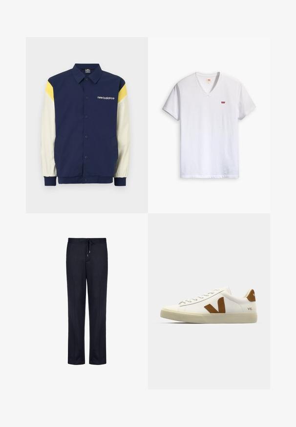 Mørkeblå jakke med gule og hvide detaljer, knaplukning, lange ærmer og et logo på brystet. Har sidelommer.; Hvid bomulds V-hals t-shirt med korte ærmer og et lille rødt Levi's-logo på brystet. Blød tekstur, afslappet design.; Mørkeblå sweatpants lavet af blød stof, med elastisk talje og snøre, lige ben design og ingen synlige mønstre.; Hvide lædersneakers med et brunt ruskind V-logo, rund tå, flad snørelukning og struktureret sål for greb.