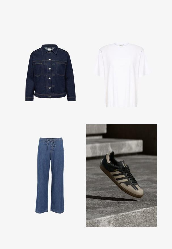 Donkerblauwe spijkerjack met knopen aan de voorkant, twee borstzakken, lange mouwen en contraststiksels in oranje.; Gestuz SAMURILLY - T-shirt basic - bright white; Denim wijde pijpen broek met een trekkoord in de taille, in een middelblauwe kleur, rechte snit en subtiele stikseldetails.; Zwarte en beige leren sneaker met drie witte strepen, een beige rubberen zool en gouden "Samba"-details aan de zijkant.