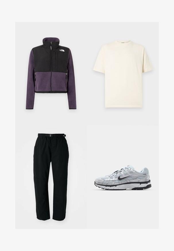 Veste en polaire avec une moitié inférieure violette et une moitié supérieure noire, fermeture éclair à l'avant, col montant et deux poches latérales avec fermetures éclair.; T-shirt en coton crème à manches courtes, col rond, avec un petit logo sur le devant. Design simple, texture douce, et coupe décontractée.; Pantalons légers noirs avec une taille élastique et une ceinture ajustable. Dotés de jambes fuselées et de panneaux de genoux renforcés pour plus de durabilité.; Baskets Nike P-6000 avec une tige en mesh gris clair, des accents noirs et une semelle en caoutchouc noir durable. Présente un design complexe et un système de laçage.