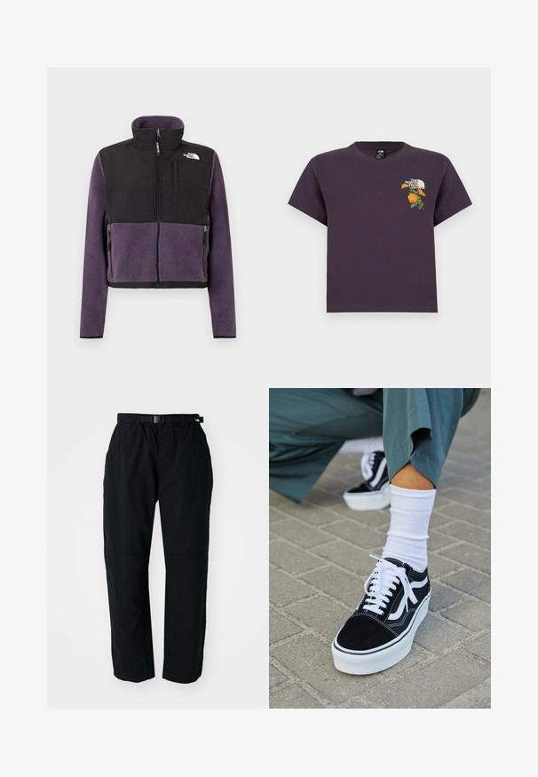 Fleecejakke med lilla nederste halvdel og sort øverste halvdel, lynlåslukning foran, høj krave og to sidelommer med lynlåse.; Lilla bomuld T-shirt med rund hals, der har et broderet blomsterdesign og logo på venstre brystområde. Korte ærmer, afslappet pasform.; Sorte letvægtsbukser med elastisk talje og justerbart bælte. Har tapered ben og forstærkede knæpaneler for holdbarhed.; Sorte ruskinds sneakers med hvide accenter og snørebånd, der har en tyk hvid sål og kontrasterende syninger, parret med en hvid sok.