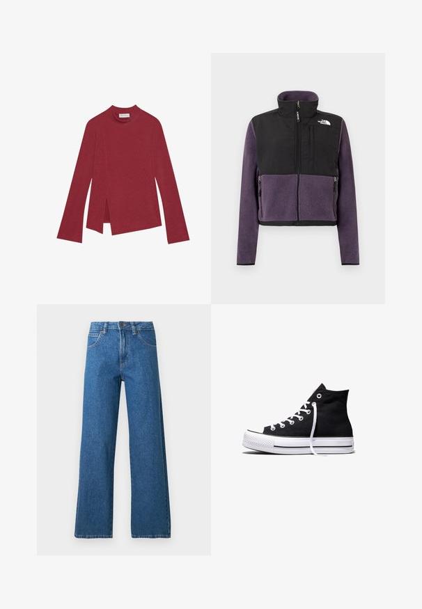 Veste en polaire avec une moitié inférieure violette et une moitié supérieure noire, fermeture éclair à l'avant, col montant et deux poches latérales avec fermetures éclair.; Haut rouge à manches longues en maille côtelée avec un col haut. Présente un ourlet asymétrique avec des fentes latérales et une texture lisse. Étiquette visible à l'intérieur.; Jean bleu taille haute à jambes larges avec poches avant, passants de ceinture, fermeture par bouton, et coutures visibles sur fond blanc.; Baskets montantes en toile noire avec semelle en caoutchouc blanche et lacets blancs, vues de côté sur un fond blanc.