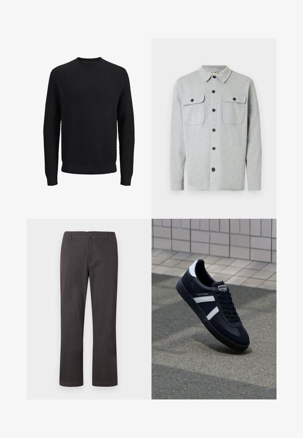 Camisa de manga larga de color gris claro con dos bolsillos en el pecho con botones y cuello clásico, mostrada sobre un fondo blanco.; Jersey negro de punto con cuello redondo y patrón texturizado de trazos cruzados, mangas largas y puños y dobladillo acanalados.; Pantalones gris oscuro de corte recto con cierre de botones, presillas para cinturón y costuras frontales sutiles sobre un fondo blanco.; Zapatilla de cuero negra con rayas blancas, suela de goma texturizada y parte frontal con cordones. Cuenta con una etiqueta de marca en la lengüeta.