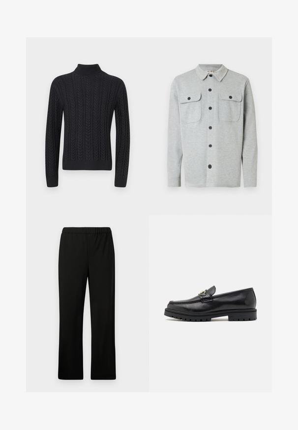 Lysegrå langærmet skjorte med knapper, to brystlommer med knapper og klassisk krave, vist på hvid baggrund.; Sort strikket turtleneck sweater med et tekstureret mønster af lodrette fletninger, ribbede manchetter og kant for en tætsiddende pasform.; Sorte elastiske bukser med lige ben-design. Fremstillet af glat stof, uden synlige mønstre eller udsmykninger.; Sorte læder loafers med en glat finish, rund tå, en dekorativ rem med guldhardware og en robust sort sål.