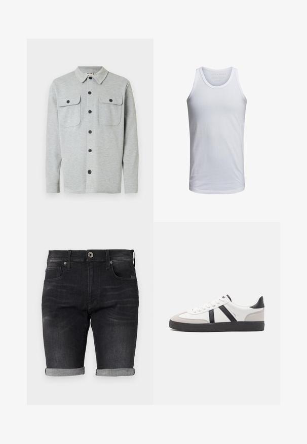 Camisa de manga larga de color gris claro con dos bolsillos en el pecho con botones y cuello clásico, mostrada sobre un fondo blanco.; Top de tirantes de algodón blanco con cuello redondo, tirantes anchos y un logo minimalista impreso dentro del cuello. Textura suave, ajuste casual.; Pantalones cortos de mezclilla negra con un diseño ajustado, dobladillos enrollados y una cinturilla clásica que cuenta con un cierre de botón delantero y bolsillos laterales.; Zapatilla blanca con acentos en negro y gris, que presenta una puntera texturizada en gris, suela de goma negra y cordones planos blancos. Diseño limpio, estilo minimalista.