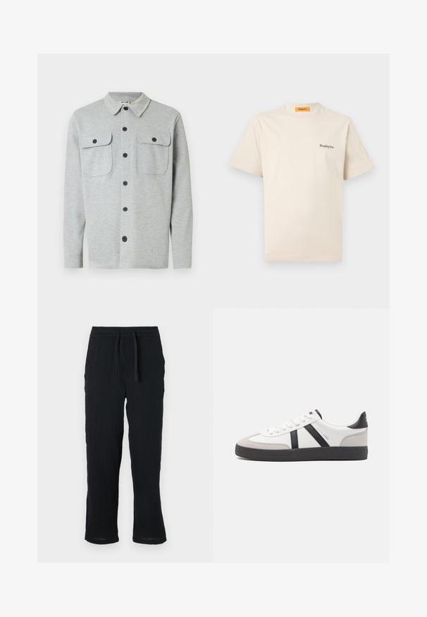 Camisa de manga larga de color gris claro con dos bolsillos en el pecho con botones y cuello clásico, mostrada sobre un fondo blanco.; Replay Inc. ESSENTIAL LOGO UNISEX - Camiseta básica - ivory; Pantalones negros, ligeros, con una cinturilla elástica y un ajuste relajado, fabricados con un tejido texturizado. Piernas rectas con un puño ligeramente ajustado.; Zapatilla blanca con acentos en negro y gris, que presenta una puntera texturizada en gris, suela de goma negra y cordones planos blancos. Diseño limpio, estilo minimalista.