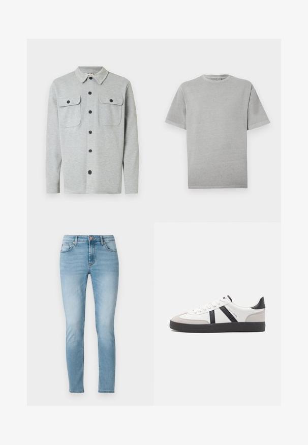 Lysegrå langærmet skjorte med knapper, to brystlommer med knapper og klassisk krave, vist på hvid baggrund.; Enkelt lysegrå kortærmet T-shirt med rund hals og lige kant, vist mod en hvid baggrund.; Lyseblå skinny jeans lavet af denim, med en mellemhøj talje, fem lommer og diskret fading på lårerne. Knaplukning i taljen.; Hvide sneakers med sorte og grå detaljer, med en tekstureret grå tåhætte, sort gummisål og flade hvide snørebånd. Rent design, minimalistisk stil.