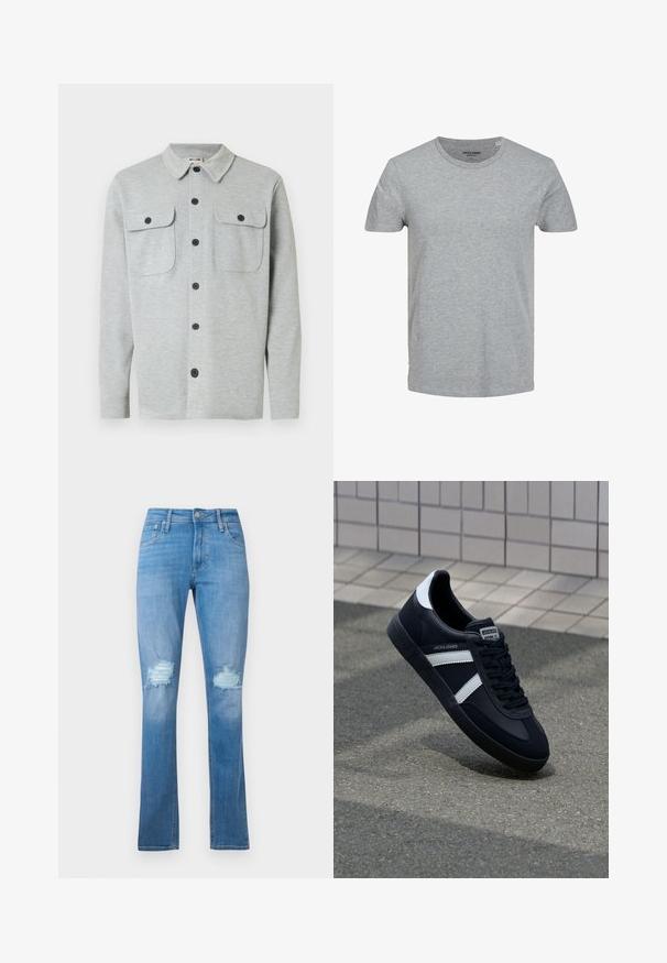 Hellgraues, langärmeliges Hemd mit Knöpfen, zwei Brusttaschen mit Knöpfen und klassischem Kragen, auf weißem Hintergrund dargestellt.; Grau T-Shirt mit kurzen Ärmeln aus weicher Baumwolle. Mit klassischem Rundhalsausschnitt und normaler Passform. Einfaches Design ohne Muster oder Akzente.; Helle blaue Denim-Jeans mit geradem Bein, featuring eine aufgerissene Kniepartie mit fransigen Kanten und klassischem Fünf-Taschen-Design.; Schwarze Leder-Sneaker mit weißen Streifen, strukturiertem Gummisohle und Schnürung. Verfügt über ein Markenetikett auf der Zunge.