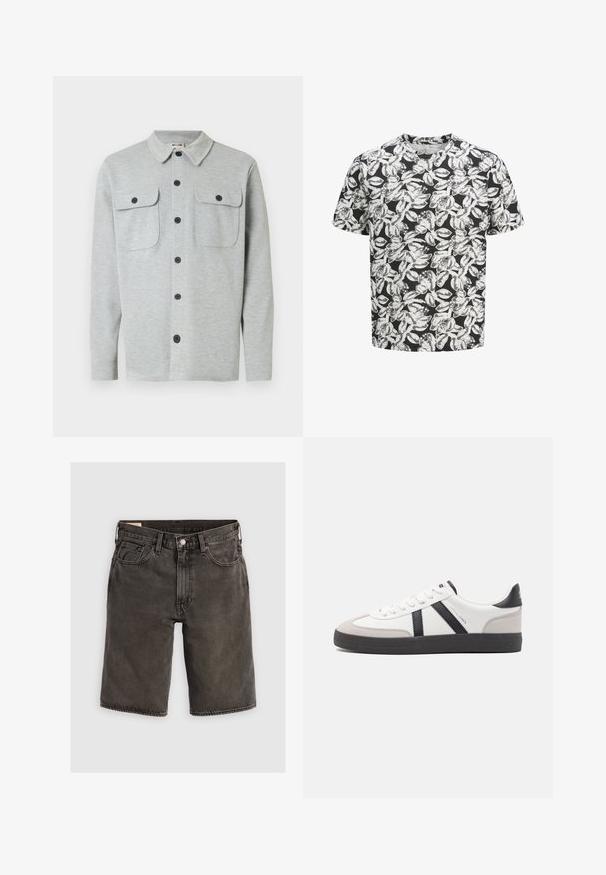 Lysegrå langærmet skjorte med knapper, to brystlommer med knapper og klassisk krave, vist på hvid baggrund.; Kortærmet t-shirt lavet af blødt stof med en sort baggrund og et hvidt bladmønster over hele. Rund halsudskæring, løs pasform.; Mørkegrå denimshorts med normal pasform, der har fem lommer, knaplukning og en struktureret talje. Blød tekstur, rent design.; Hvide sneakers med sorte og grå detaljer, med en tekstureret grå tåhætte, sort gummisål og flade hvide snørebånd. Rent design, minimalistisk stil.