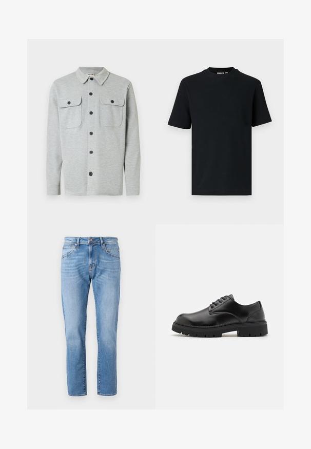 Lysegrå langærmet skjorte med knapper, to brystlommer med knapper og klassisk krave, vist på hvid baggrund.; Sort kortærmet ribstrikket T-shirt med rund hals og et lille synligt mærke indeni kraven.; Lyseblå denimjeans med lige ben, klassisk fem-pocket design, subtilt slid og en kontrastknaplukning i taljen.; Sorte lædersko med rund tå, snørelukning og en tykk, struktureret gummisål. Har syninger langs kanten og en glat overflade.