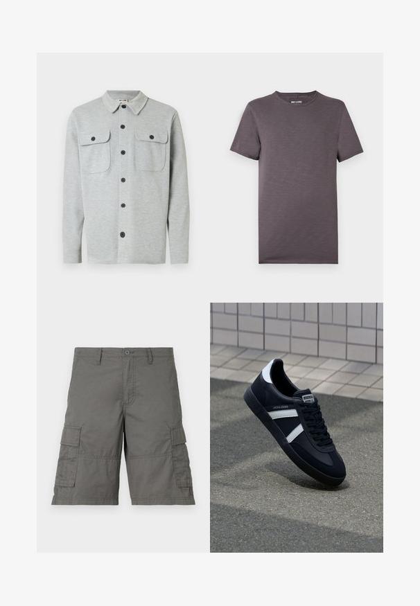 Chemise gris clair à manches longues avec boutons, deux poches poitrine à boutons et un col classique, affichée sur un fond blanc.; T-shirt gris à manches courtes en tissu doux. Comprend un col rond et une finition lisse légèrement texturée. Design simple et classique.; Shorts cargo gris avec fermeture à bouton, plusieurs poches latérales et détails de couture. Fabriqués en tissu léger et durable.; Sneaker en cuir noir avec des rayures blanches, semelle en caoutchouc texturée et devant à lacets. Présente une étiquette de marque sur la languette.