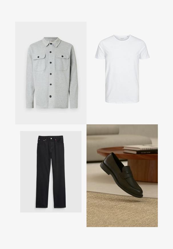 Chemise gris clair à manches longues avec boutons, deux poches poitrine à boutons et un col classique, affichée sur un fond blanc.; T-shirt à col rond à manches courtes de couleur blanche unie, fabriqué en coton doux, avec un design simple sans motifs ni accents visibles.; GAP 90S LOOSE - Jean large - black; Chaussure mocassin en cuir noir présentée en suspension au-dessus d'un tapis beige tissé, avec une table en bois et des livres empilés dans un salon doucement éclairé.