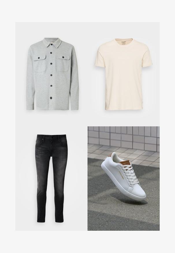 Lysegrå langærmet skjorte med knapper, to brystlommer med knapper og klassisk krave, vist på hvid baggrund.; Lys beige bomulds t-shirt med klassisk rund hals og korte ærmer. Har en subtil tekstur og standard pasform.; Sorte denimjeans med slim fit, fem-lomme design, diskret falmning og kontraststing. Har klassisk metalknap og lynlås lukning.; Hvide lædersneakers med en glat overflade, tan-akcent på hælen, gyldent logo på siden og en gummisål med tekstureret greb.