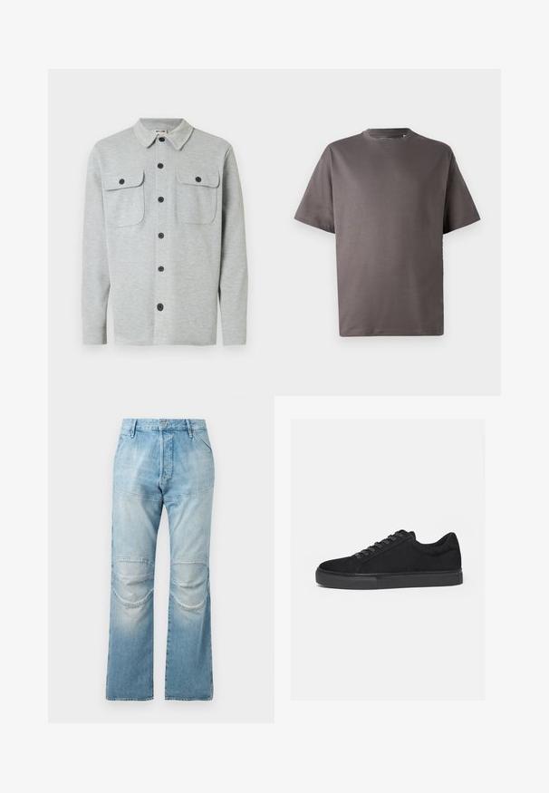 Hellgraues, langärmeliges Hemd mit Knöpfen, zwei Brusttaschen mit Knöpfen und klassischem Kragen, auf weißem Hintergrund dargestellt.; Dunkelgraues T-Shirt mit kurzen Ärmeln und rundem Ausschnitt, aus weichem Stoff gefertigt, mit lässigem Schnitt und ohne sichtbare Muster oder Akzente.; Helle blaue, hochgeschnittene Jeans mit geradem Schnitt, ausgestattet mit Knieflicken und einer ausgewaschenen Textur. Metallknopfverschluss an der Taille.; Schwarzer Low-Top-Sneaker mit Schnürung vorne und flacher Gummisohle, seitlich auf weißem Hintergrund dargestellt.