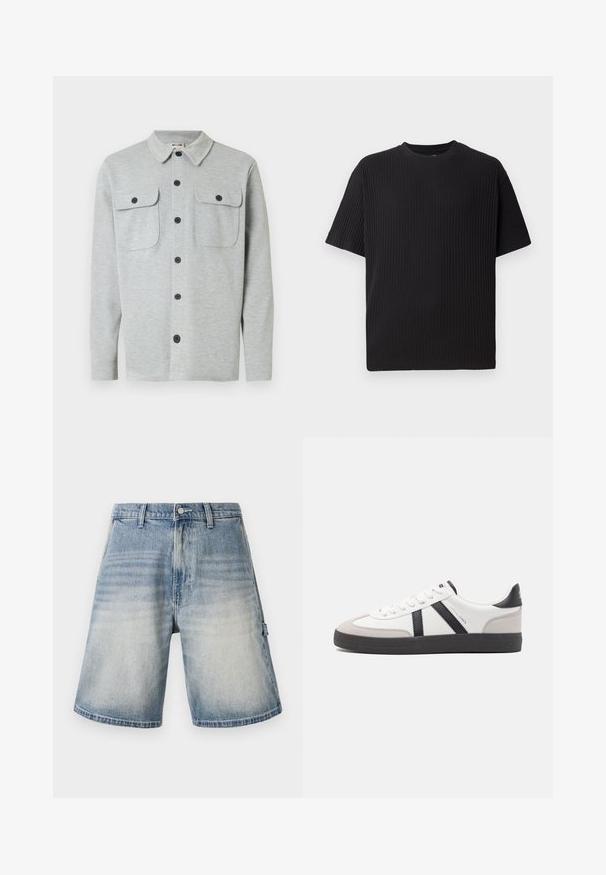 Camisa de manga larga de color gris claro con dos bolsillos en el pecho con botones y cuello clásico, mostrada sobre un fondo blanco.; Camiseta negra de manga corta de canalé con cuello redondo, que presenta una superficie texturizada y un ajuste relajado.; Shorts de mezclilla de color azul deslavado, de corte recto y ajuste holgado. Cuentan con cinco bolsillos y pasadores para cinturón, además de un sutil patrón desgastado.; Zapatilla blanca con acentos en negro y gris, que presenta una puntera texturizada en gris, suela de goma negra y cordones planos blancos. Diseño limpio, estilo minimalista.