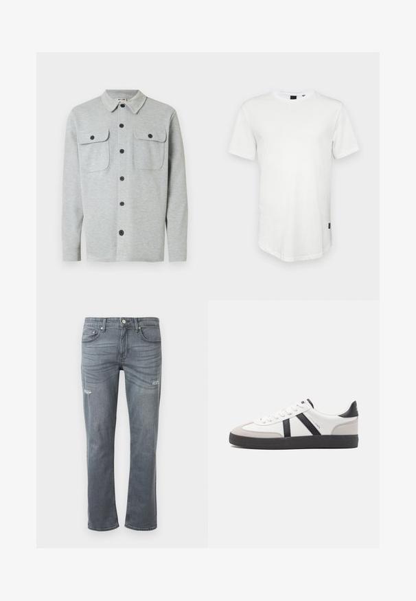 Hellgraues, langärmeliges Hemd mit Knöpfen, zwei Brusttaschen mit Knöpfen und klassischem Kragen, auf weißem Hintergrund dargestellt.; Weißes T-Shirt mit kurzen Ärmeln aus Baumwolle, mit Rundhalsausschnitt und einem leicht verlängerten Rückenteil, sowie einem kleinen Logo-Akzent an der Seite.; Graue Denim-Jeans mit geradem Bein, leichtem Distressing an den Knien und klassischem Fünf-Taschen-Design. Knopfverschluss an der Taille.; Weiße Sneaker mit schwarz- und grau-aczenten, ausgestattet mit einer strukturierten grauen Zehenkappe, schwarzer Gummi-Sohle und flachen weißen Schnürsenkeln. Sauberes Design, minimalistische Stil.