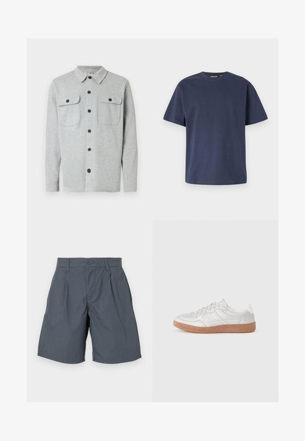 Chemise gris clair à manches longues avec boutons, deux poches poitrine à boutons et un col classique, affichée sur un fond blanc.; T-shirt en coton bleu marine avec un col rond et des manches courtes. Texture lisse, coupe droite et coutures minimales, offrant un design classique.; Shorts gris en tissu léger, dotés d'une fermeture à bouton à l'avant, de deux poches latérales et d'un design à coupe droite.; Baskets argentées avec une texture lisse, un design à lacets, des accents perforés et une semelle en caoutchouc marron texturé.