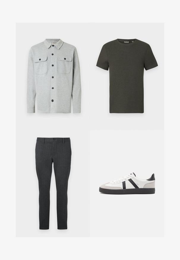 Chemise gris clair à manches longues avec boutons, deux poches poitrine à boutons et un col classique, affichée sur un fond blanc.; T-shirt à manches courtes vert foncé avec un col rond, fabriqué en tissu côtelé ; présente un design simple et minimaliste sans motifs.; Pantalon gris foncé avec un motif texturé, coupe slim, taille standard avec un bouton unique, et jambes droites, conçu pour un look moderne.; Baskets blanches avec des accents noirs et gris, présentant un embout texturé gris, une semelle en caoutchouc noir et des lacets plats blancs. Design épuré, style minimaliste.