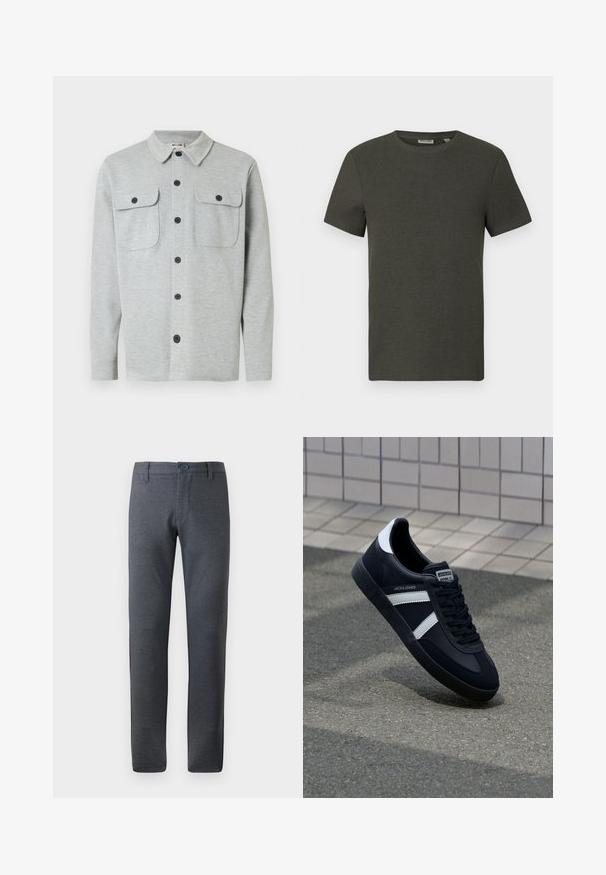 Chemise gris clair à manches longues avec boutons, deux poches poitrine à boutons et un col classique, affichée sur un fond blanc.; T-shirt à manches courtes vert foncé avec un col rond, fabriqué en tissu côtelé ; présente un design simple et minimaliste sans motifs.; Pantalons gris texturé avec une coupe droite, dotés d'une taille à passants de ceinture, de poches avant et d'une fermeture à un seul bouton.; Sneaker en cuir noir avec des rayures blanches, semelle en caoutchouc texturée et devant à lacets. Présente une étiquette de marque sur la languette.