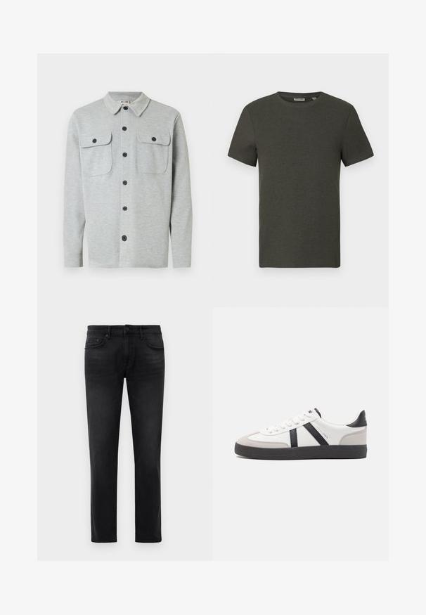 Hellgraues, langärmeliges Hemd mit Knöpfen, zwei Brusttaschen mit Knöpfen und klassischem Kragen, auf weißem Hintergrund dargestellt.; Dunkelgrünes T-Shirt mit kurzen Ärmeln und rundem Ausschnitt, aus geripptem Material; zeichnet sich durch ein einfaches, minimalistisches Design ohne Muster aus.; Schwarze Slim-Fit-Jeans mit fünf Taschen, Gürtelschlaufen und Knopfverschluss, flach auf einem weißen Hintergrund ausgelegt.; Weiße Sneaker mit schwarz- und grau-aczenten, ausgestattet mit einer strukturierten grauen Zehenkappe, schwarzer Gummi-Sohle und flachen weißen Schnürsenkeln. Sauberes Design, minimalistische Stil.