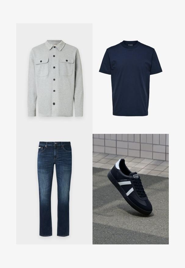 Hellgraues, langärmeliges Hemd mit Knöpfen, zwei Brusttaschen mit Knöpfen und klassischem Kragen, auf weißem Hintergrund dargestellt.; Einfarbiges dunkelblaues Herren-T-Shirt mit kurzen Ärmeln und Rundhalsausschnitt, reguläre Passform, keine sichtbaren Muster oder Logos.; Dunkelblaue Denim-Jeans mit geradem Bein, ausgestattet mit einem klassischen Fünf-Taschen-Design, Kupferbeschlägen und subtilen Ausbleichungen.; Schwarze Leder-Sneaker mit weißen Streifen, strukturiertem Gummisohle und Schnürung. Verfügt über ein Markenetikett auf der Zunge.