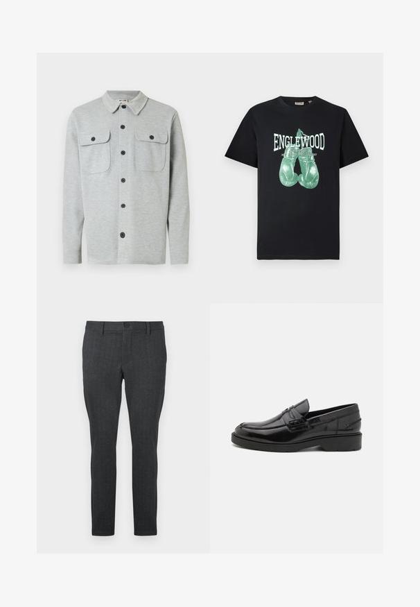 Chemise gris clair à manches longues avec boutons, deux poches poitrine à boutons et un col classique, affichée sur un fond blanc.; T-shirt noir à col rond avec un graphique de gants de boxe verts et le texte "ENGLEWOOD Boxing Gym New Jersey Fight Academy" à l'avant.; Pantalon gris foncé avec un motif texturé, coupe slim, taille standard avec un bouton unique, et jambes droites, conçu pour un look moderne.; Mocassins en cuir noir avec une finition lisse, un bout rond, un petit talon et descoutures décoratives à l'avant. Semelle en caoutchouc pour l'adhérence.