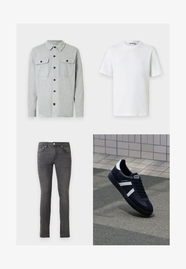 Lysegrå langærmet skjorte med knapper, to brystlommer med knapper og klassisk krave, vist på hvid baggrund.; Hvid kortærmet t-shirt i vaffelmønster med rund hals og et lille mærke med brandnavn inde i kraven, vist på en ensfarvet baggrund.; Grå denimjeans med slim fit, der har et klassisk fem-lomme design, front lukning med knap og svag tekstureret detaljering over hele stoffet.; Sort lædersneaker med hvide striber, tekstureret gummisål og snørrebånd foran. Har et brandet mærke på tungen.