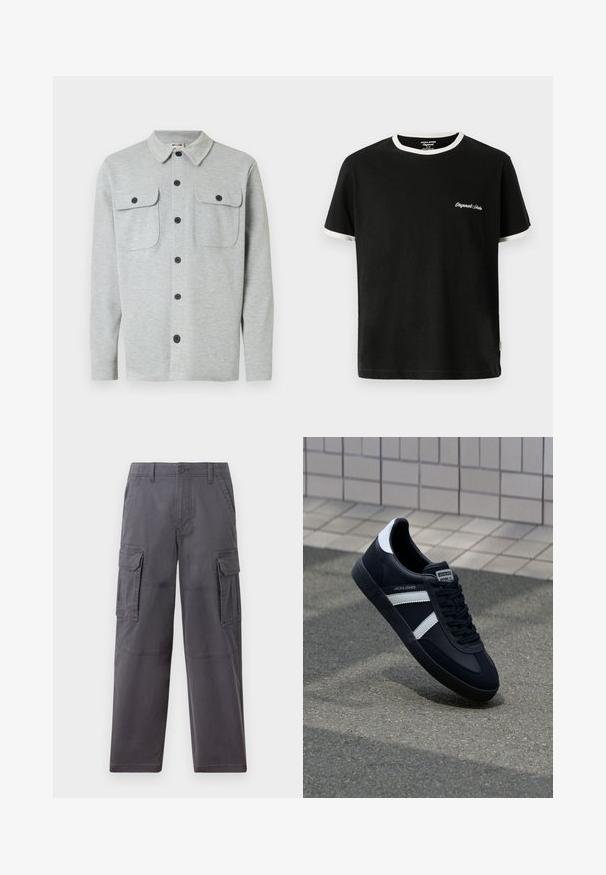 Lysegrå langærmet skjorte med knapper, to brystlommer med knapper og klassisk krave, vist på hvid baggrund.; Jack & Jones T- - T-shirts basic - black; Hollister Co. SKATER BAGGY - Cargobukser - grey; Sort lædersneaker med hvide striber, tekstureret gummisål og snørrebånd foran. Har et brandet mærke på tungen.