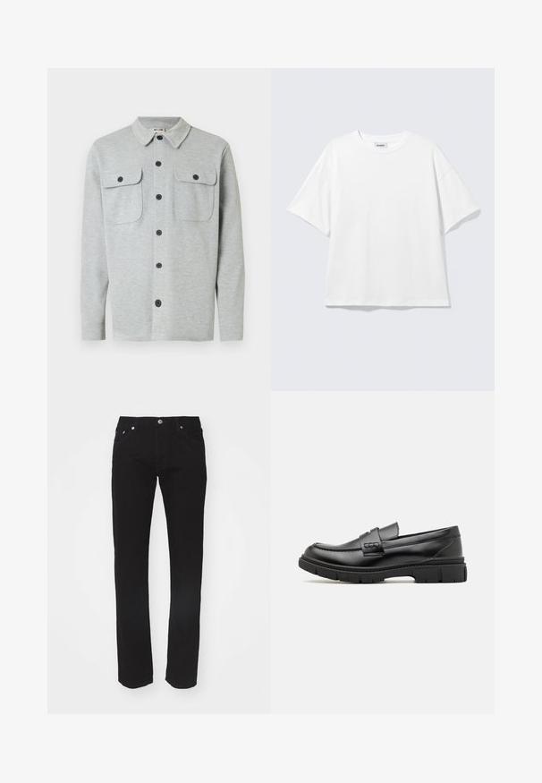 Chemise gris clair à manches longues avec boutons, deux poches poitrine à boutons et un col classique, affichée sur un fond blanc.; T-shirt blanc oversize à manches courtes, col rond, épaules tombantes, posé à plat sur fond gris clair.; Jean en denim noir avec une coupe droite, design à cinq poches et fermeture à bouton métallique à la taille. Texture lisse, sans motifs visibles.; Mocassin en cuir noir avec une large sangle sur le devant, semelle en caoutchouc à épaisse rainure, et texture lisse. Design classique et élégant.