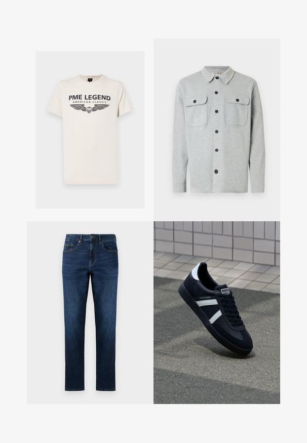 Camisa de manga larga de color gris claro con dos bolsillos en el pecho con botones y cuello clásico, mostrada sobre un fondo blanco.; Camiseta de algodón color crema con un estampado oscuro que dice "PME LEGEND AMERICAN CLASSIC" con gráficos de alas debajo del texto.; Jeans de mezclilla azul marino con un diseño de pierna recta, que cuentan con cinco bolsillos, detalles de costura y un clásico cierre de botón.; Zapatilla de cuero negra con rayas blancas, suela de goma texturizada y parte frontal con cordones. Cuenta con una etiqueta de marca en la lengüeta.
