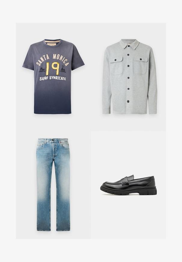 Lysegrå langærmet skjorte med knapper, to brystlommer med knapper og klassisk krave, vist på hvid baggrund.; Marineblå bomulds T-shirt med gradienteffekt, med "SANTA MONICA" og "19" i gul og creme broderi, rund hals, korte ærmer.; Lys blå denim jeans med lige ben-design, der har et falmet vask, fem lommer og en knaplukning i taljen.; Sort læder loafersko med en bred rem over forfoden, gummisål med tykke mønstre og glat overflade. Klassisk, slankt design.