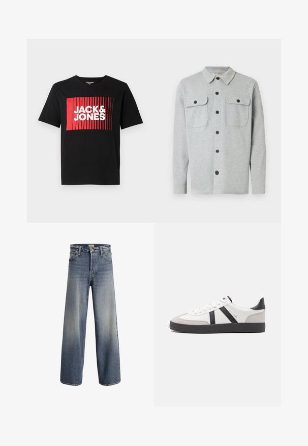 Hellgraues, langärmeliges Hemd mit Knöpfen, zwei Brusttaschen mit Knöpfen und klassischem Kragen, auf weißem Hintergrund dargestellt.; Schwarzes T-Shirt mit kurzen Ärmeln, das ein rotes rechteckiges grafisches Design mit vertikalen Linien und dem Text "JACK & JONES" in Weiß zeigt.; Helle blaue Schlagjeans aus Denim. Sie verfügen über eine hohe Taille, einen Knopfverschluss und subtile Ausbleichungen mit einer glatten Textur und genähten Nähten.; Weiße Sneaker mit schwarz- und grau-aczenten, ausgestattet mit einer strukturierten grauen Zehenkappe, schwarzer Gummi-Sohle und flachen weißen Schnürsenkeln. Sauberes Design, minimalistische Stil.