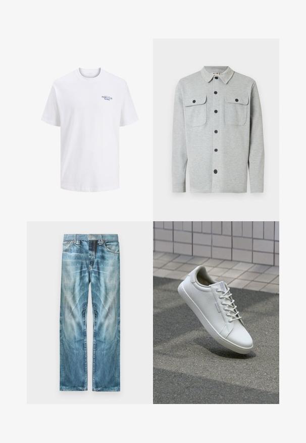 Lysegrå langærmet skjorte med knapper, to brystlommer med knapper og klassisk krave, vist på hvid baggrund.; Hvid bomulds t-shirt med rund hals, der har et lille blåt trykt logo på brystet med teksten "PADEL CLUB Barcelona." Korte ærmer.; Lyseblå falmede denimjeans med lige ben, forlommer, bæltestropper og knaplukning.; Hvide sneakers lavet af tekstureret læder, med snørelukning, robust gummisål og minimalistisk design med forstærket tå.