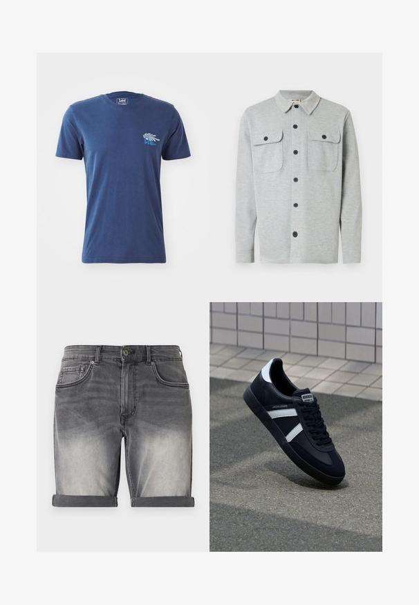 Hellgraues, langärmeliges Hemd mit Knöpfen, zwei Brusttaschen mit Knöpfen und klassischem Kragen, auf weißem Hintergrund dargestellt.; Dunkelblaues Baumwoll-T-Shirt mit kurzen Ärmeln, rundem Ausschnitt und einem grafischen Design eines Hands sowie Text im Bereich der linken Brust.; Denim-Shorts in einem verblassten Schwarz mit umgeschlagenem Saum, fünf Taschen und dezentem Wischen auf der Vorderseite. Klassischer Knopfverschluss.; Schwarze Leder-Sneaker mit weißen Streifen, strukturiertem Gummisohle und Schnürung. Verfügt über ein Markenetikett auf der Zunge.