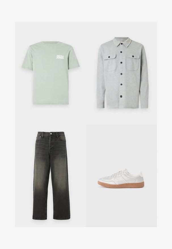 Lysegrå langærmet skjorte med knapper, to brystlommer med knapper og klassisk krave, vist på hvid baggrund.; Lys grøn t-shirt i bomuld med rund halsudskæring og korte ærmer. Har et hvidt logo "JACK & JONES" trykt på venstre bryst.; Sorte denim jeans med afslappet pasform, med høj talje, sølv hardware og en falmet tekstur med subtile folder. Lige ben uden udsmykning.; Sølv sneakers med en glat overflade, snørebånd, perforerede detaljer og en struktureret brun gummi sål.