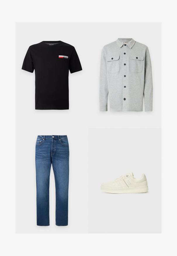 Hellgraues, langärmeliges Hemd mit Knöpfen, zwei Brusttaschen mit Knöpfen und klassischem Kragen, auf weißem Hintergrund dargestellt.; Schwarzes Baumwoll-T-Shirt mit einem kleinen Logodesign und einem rechteckigen Farbbereich in Rot und Weiß im linken Brustbereich.; Blaue Jeans mit geradem Bein, vorn mit Knopf und Reißverschluss, Fünf-Taschen-Stil und dezenten Verwaschungen an Oberschenkeln und Knien, flach auf weißem Hintergrund präsentiert.; Cremefarbene Sneaker mit perforierten Details, Schnürsenkeln und Logo an der Seite, vor einem schlichten weißen Hintergrund präsentiert.
