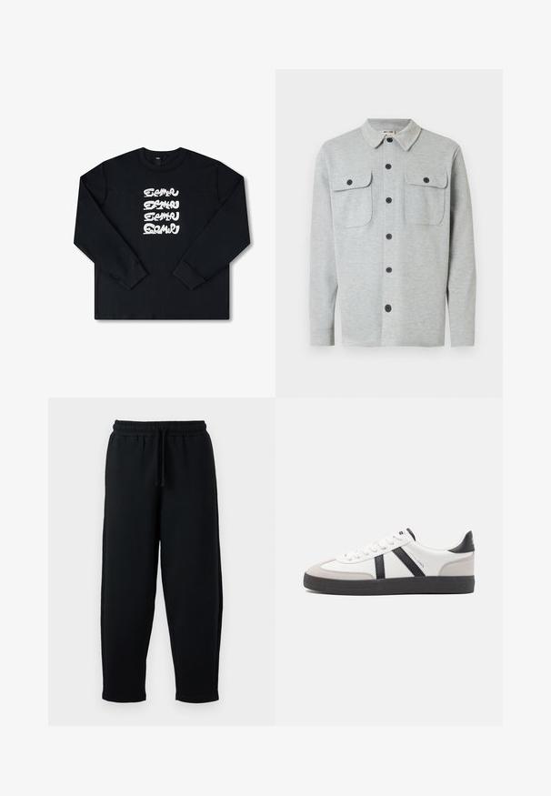 Lysegrå langærmet skjorte med knapper, to brystlommer med knapper og klassisk krave, vist på hvid baggrund.; Sort sweatshirt med lange ærmer, der har et hvidt gentaget grafisk logo i stiliseret skrifttype på forsiden. Fremstillet af blødt stof.; Sorte sweatpants med elastisk talje og snøre. Lavet af blødt stof, med en afslappet pasform og tapered ben-design.; Hvide sneakers med sorte og grå detaljer, med en tekstureret grå tåhætte, sort gummisål og flade hvide snørebånd. Rent design, minimalistisk stil.