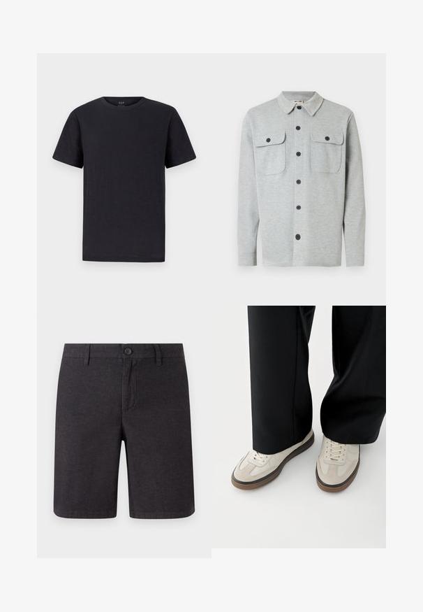 Chemise gris clair à manches longues avec boutons, deux poches poitrine à boutons et un col classique, affichée sur un fond blanc.; T-shirt noir en tissu doux et léger avec un col rond classique et des manches courtes. Design simple et uni sans motifs ni accents.; Shorts gris foncé en tissu tissé, dotés d'une fermeture à bouton, de passants de ceinture et d'une coupe droite, avec des ourlets nets et des poches latérales.; Pieds portant des baskets beige avec des semelles marron et un pantalon noir à jambes larges sur fond blanc.