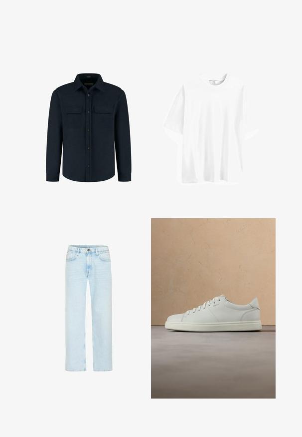 Camisa de botones azul marino hecha de tela suave, con cuello, dos bolsillos en el pecho y mangas largas. Botones de color contrastante.; Camiseta de algodón blanca de manga corta con cuello redondo, corte relajado y textura suave. Sin patrones ni acentos visibles.; Los jeans de denim azul claro cuentan con un diseño de pierna recta, con un cierre de botón clásico, cinco bolsillos y un ligero desgastado para aportar textura.; Zapatilla deportiva de cuero blanco con textura suave, puntera redonda y cordones planos. Presenta un logo sutil y una suela ligera.