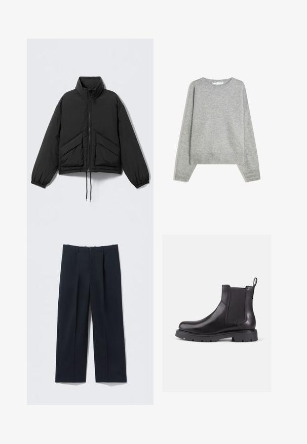 Veste noire matelassée avec col montant, fermeture éclair, poignets élastiqués et deux poches avant inclinées. Tissu lisse et léger.; Pull en tricot gris avec un col rond, des poignets et un ourlet côtelés, offrant une coupe décontractée et une texture douce.; Pantalon bleu marine foncé en tissu lisse, avec une coupe ajustée, deux poches avant et une fermeture par bouton.; Bottines Chelsea en cuir noir avec panneaux latéraux élastiques, bout rond et semelle en caoutchouc texturé. Comprend une languette à l'arrière pour un enfilage facile.